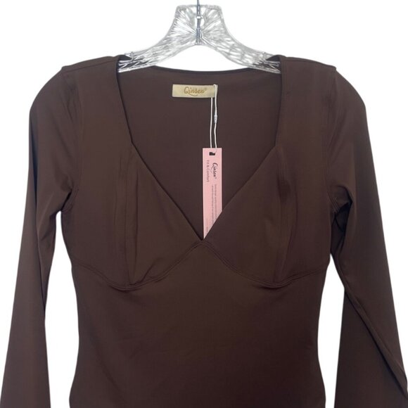 Qinsen Bodysuit Womens Medium Chocolate Brown Long Sleeve New - Picture 3 of 9